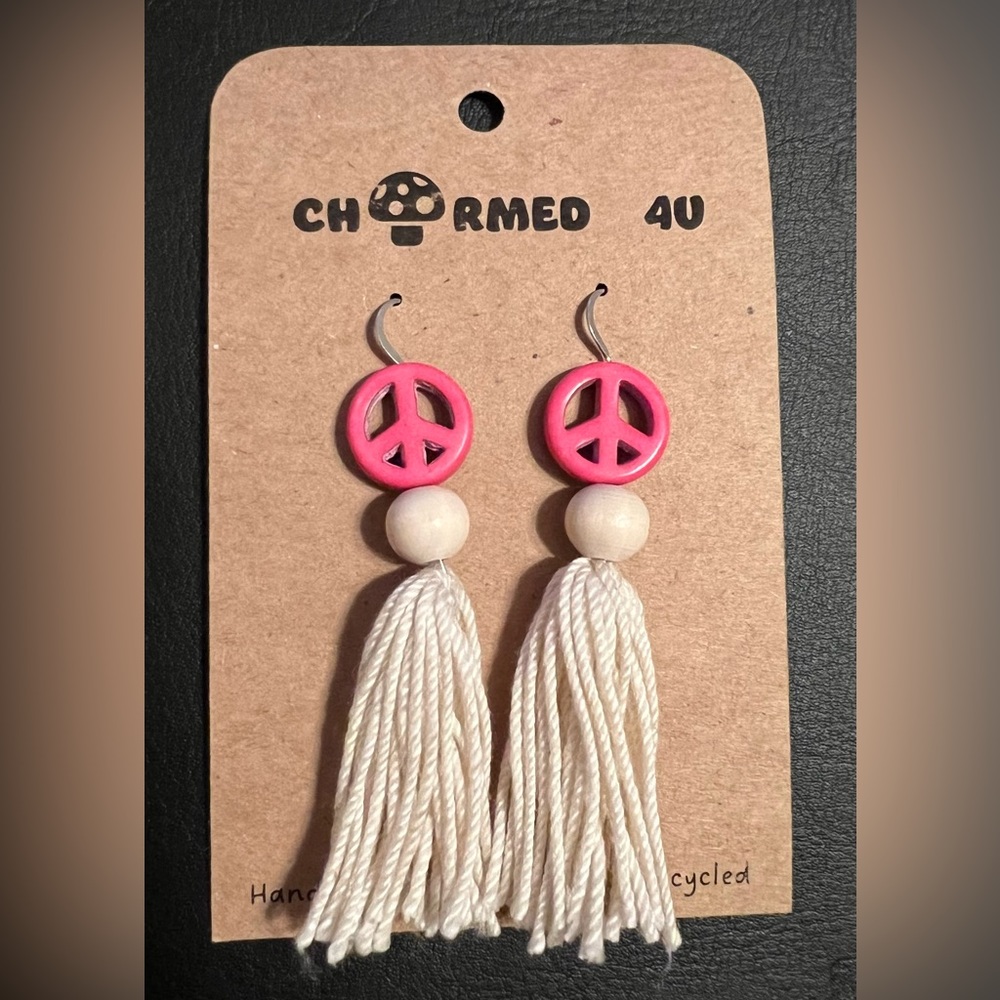 Peace ☮️ pink, cream bead tassel dangle earring silver hardware